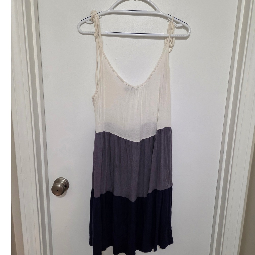 Shop Basic USA Colorblock Tiered Mini Dress XL Cream Grey Navy Tie Shoulder